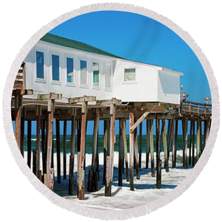 Photography Round Beach Towel featuring the photograph Kitty Hawk Pier On The Beach, Kitty by Panoramic Images