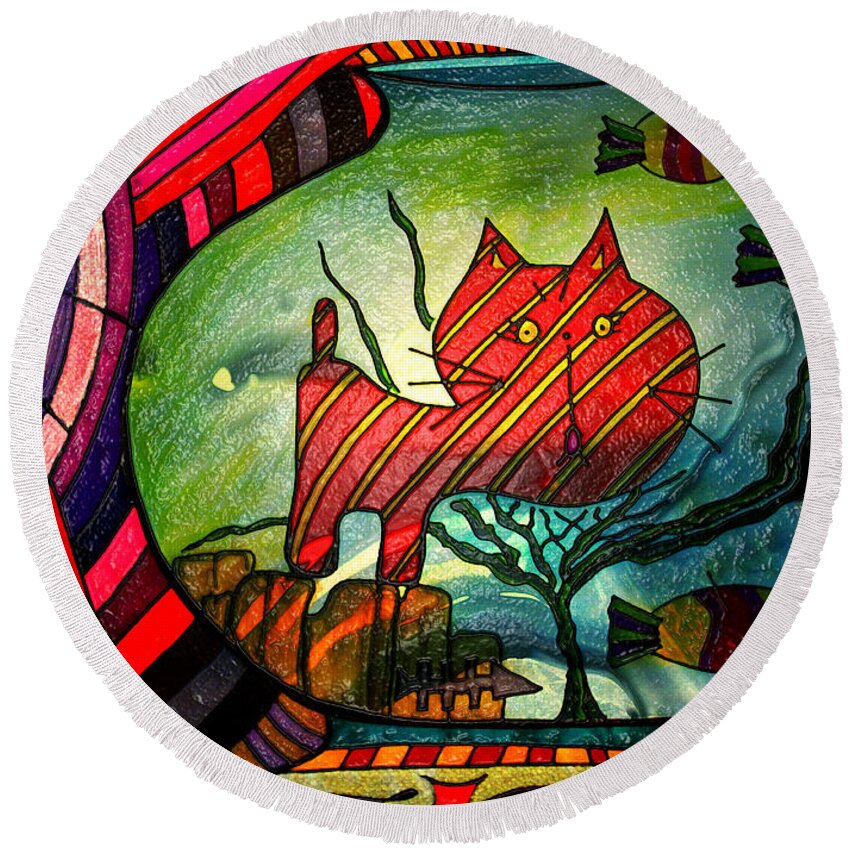 Cat Round Beach Towel featuring the painting Kitty In A Fish Bowl - Abstract Cat by Marie Jamieson