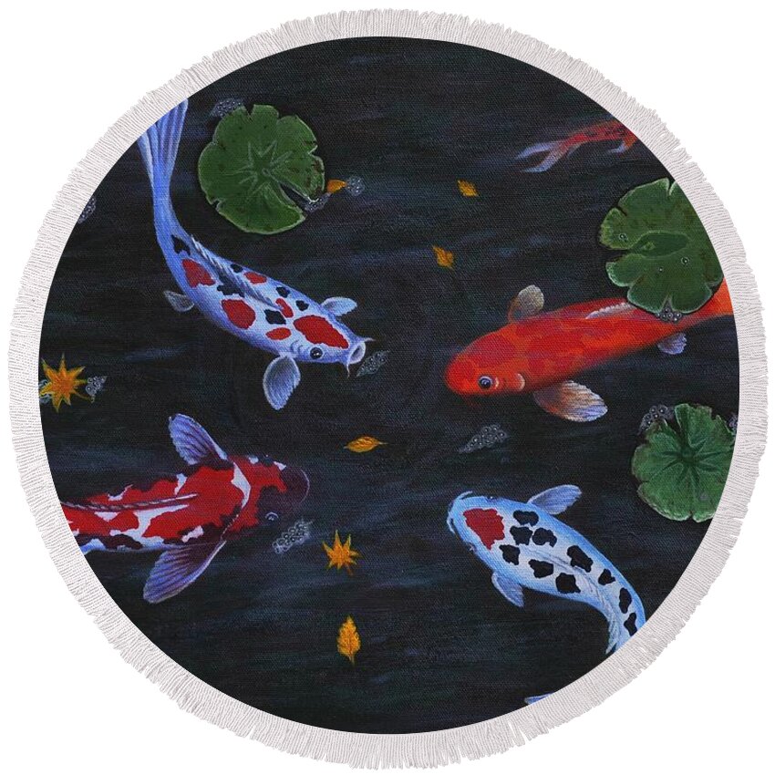 Koi Fish Round Beach Towel featuring the painting Koi Fishes original acrylic painting by Georgeta Blanaru