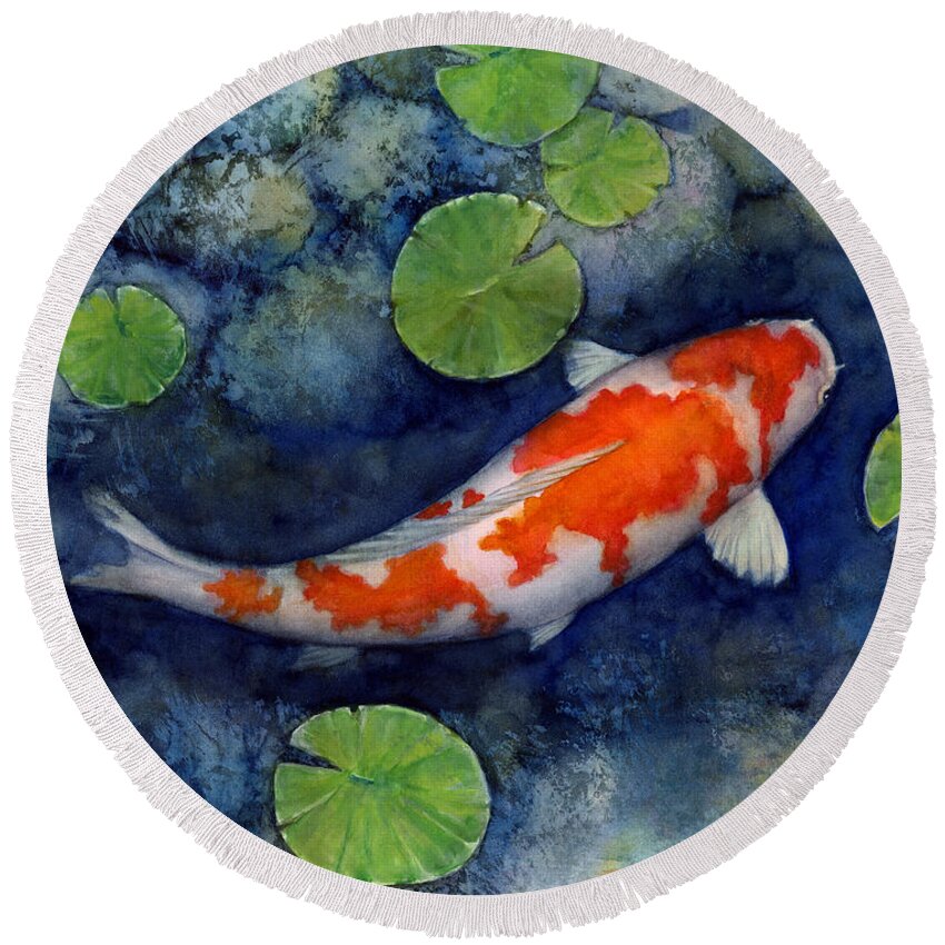 Koi Round Beach Towel featuring the painting Koi Pond by Hailey E Herrera