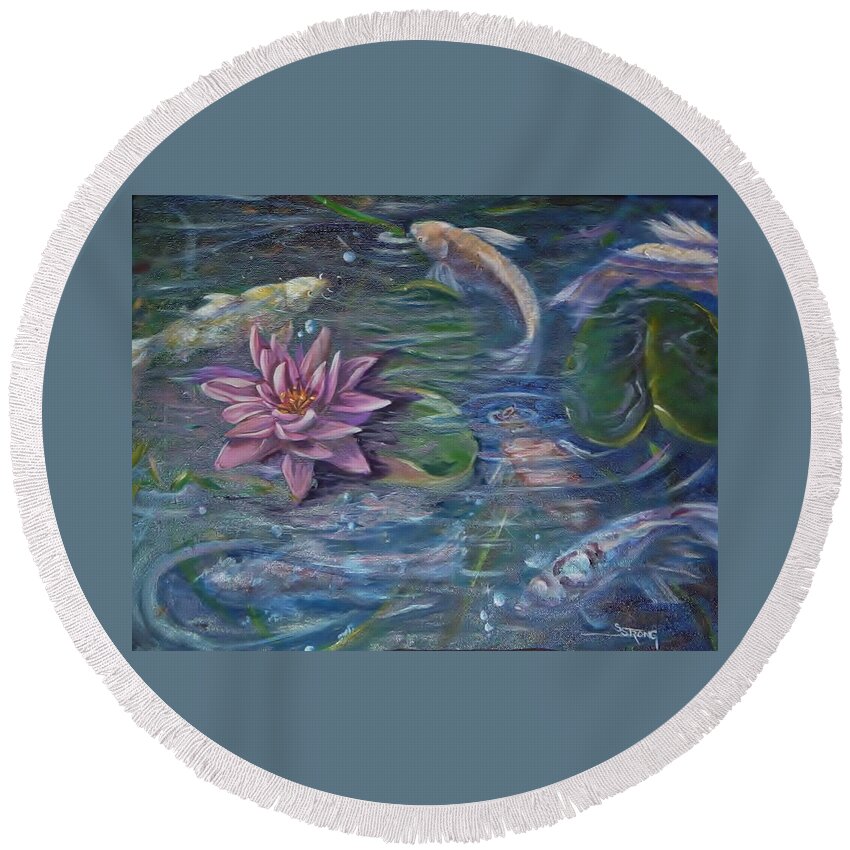 Curvismo Round Beach Towel featuring the painting Koi Pond by Sherry Strong
