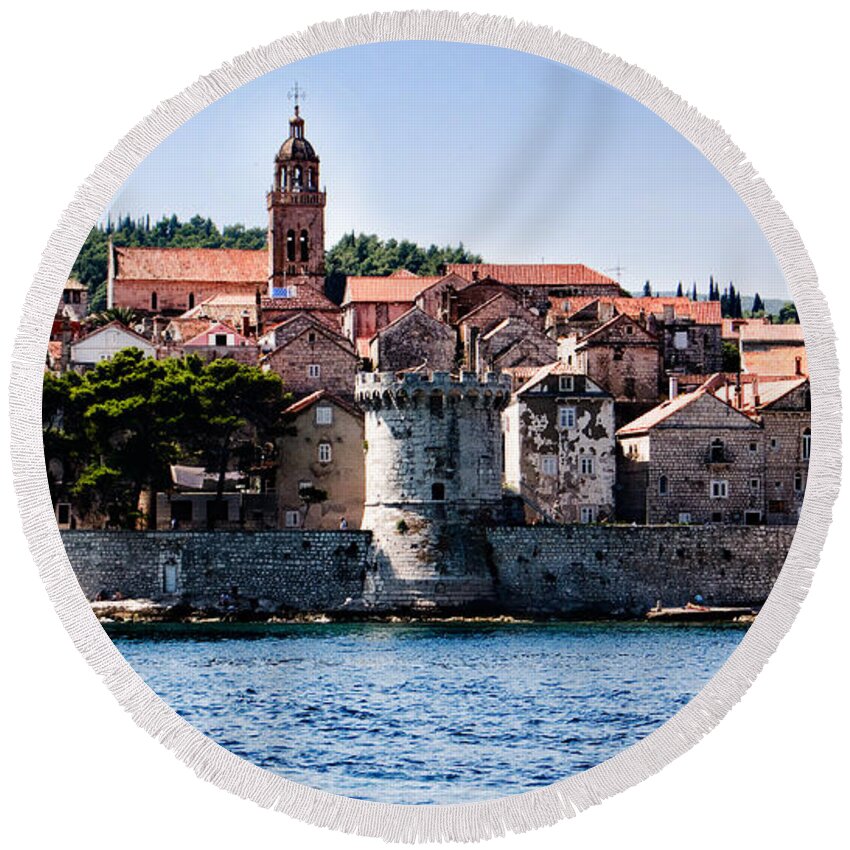 Korcula Island Round Beach Towel featuring the photograph Korcula from the Sea by Weston Westmoreland