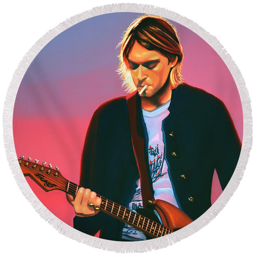 Kurt Cobain Round Beach Towel featuring the painting Kurt Cobain in Nirvana Painting by Paul Meijering