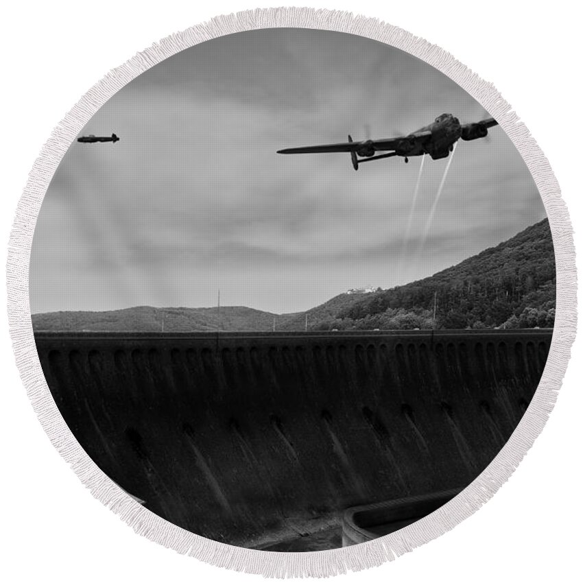 Dambusters Round Beach Towel featuring the digital art L for Leather over the Eder Dam black and white version by Gary Eason