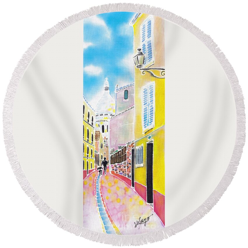 France Round Beach Towel featuring the painting La butte Montmartre by Hisayo OHTA