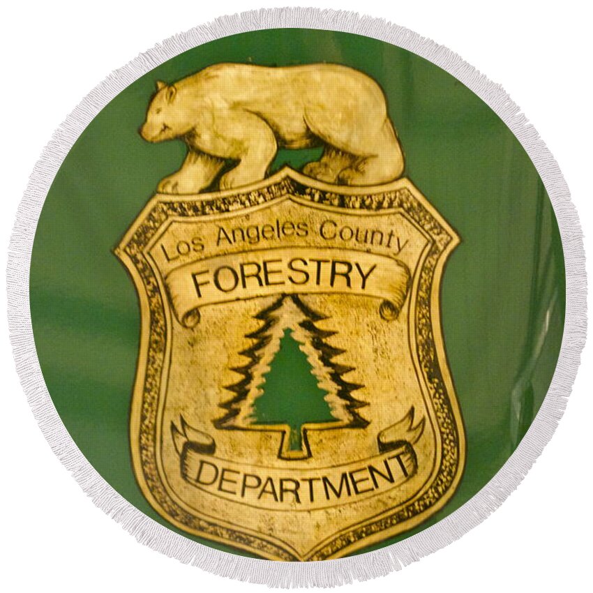 Emblem Round Beach Towel featuring the photograph LA Forestry Department Emblem by Pamela Walrath