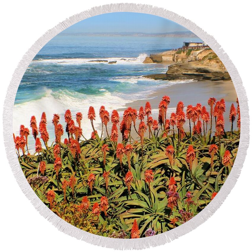Coastline Round Beach Towel featuring the photograph La Jolla Coast with Flowers Blooming by Jane Girardot