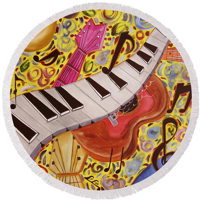 Instruments Round Beach Towel featuring the painting La Musica by Gloria E Barreto-Rodriguez