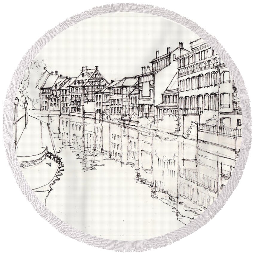 Freehand Sketch Round Beach Towel featuring the drawing La Petite France in Strasbourg by Dai Wynn