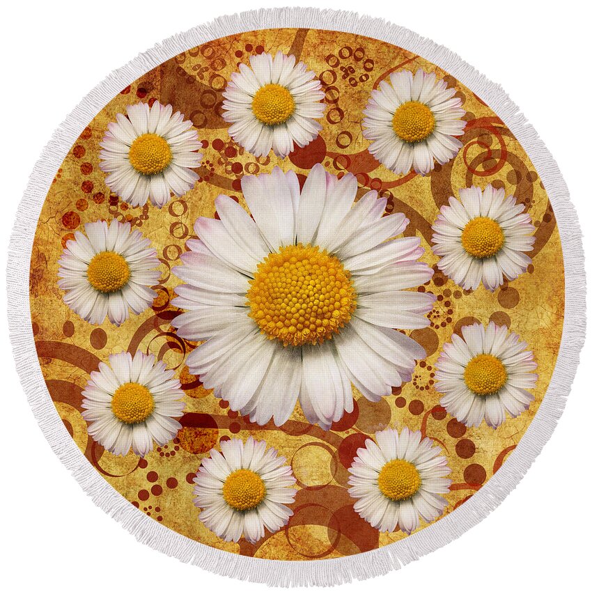 Marguerites Round Beach Towel featuring the digital art La Ronde des Marguerites 0101a by Variance Collections