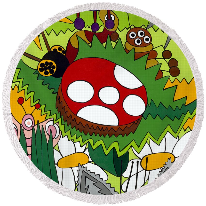 Garden Round Beach Towel featuring the painting Lady Bug by Rojax Art