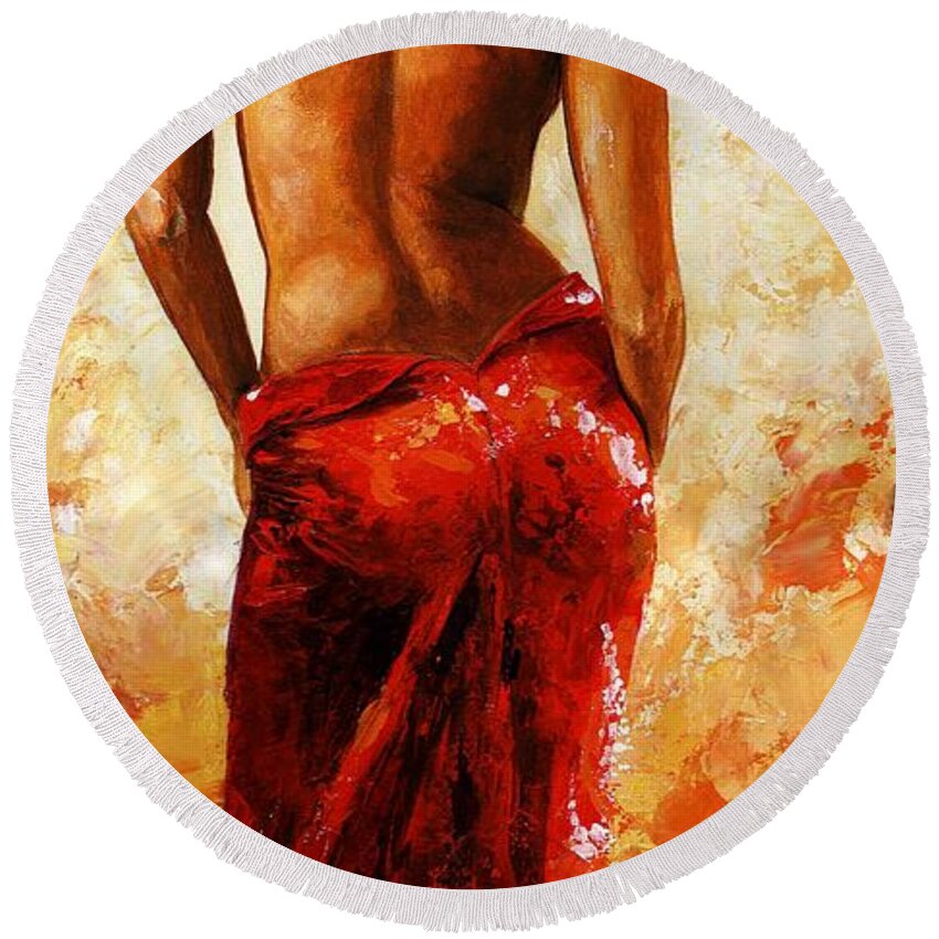 Lady Round Beach Towel featuring the painting Lady in red 27 by Emerico Imre Toth