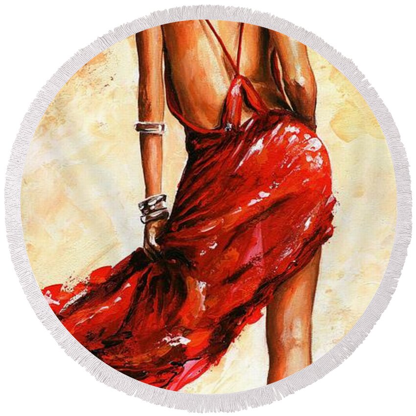 Lady Round Beach Towel featuring the painting Lady in red 40 by Emerico Imre Toth