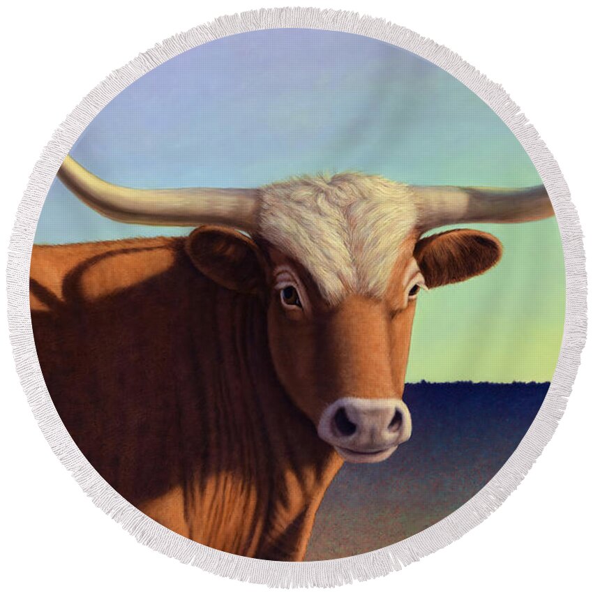 Lady Longhorn Round Beach Towel featuring the painting Lady Longhorn by James W Johnson