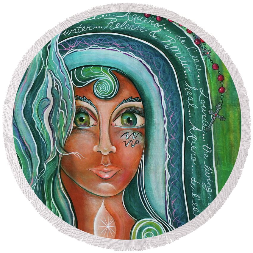 Lady Of Lourdes Painting Round Beach Towel featuring the painting Lady Of Lourdes Madonna by Deborha Kerr