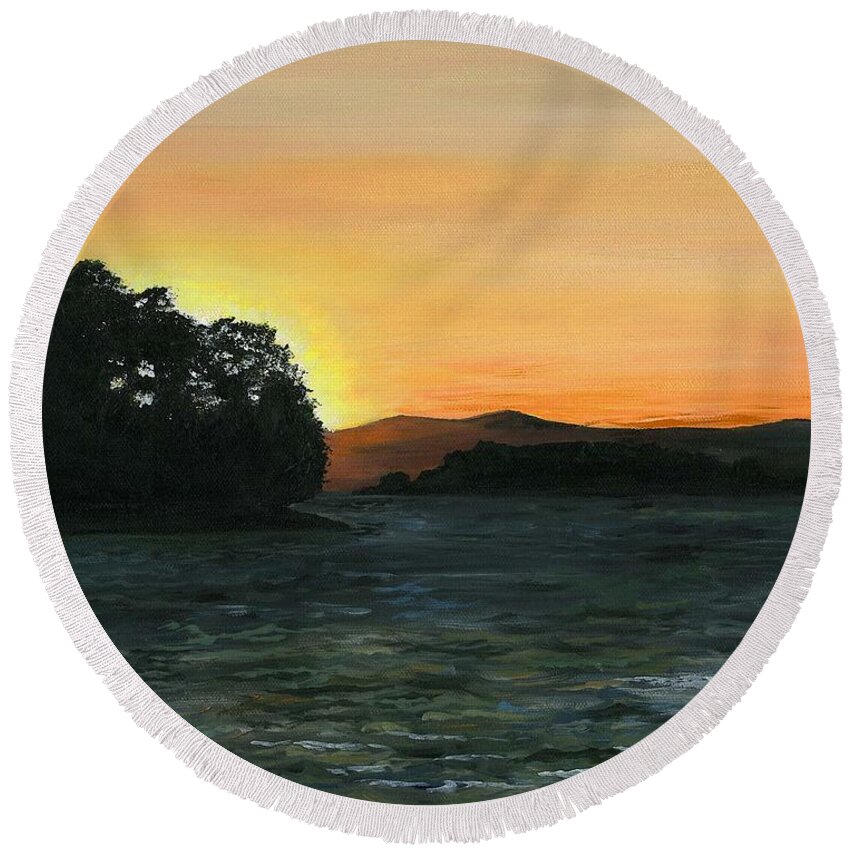 Landscape Round Beach Towel featuring the painting Lake Champlain Adirondack Mountains VT/NY by Judith Rice