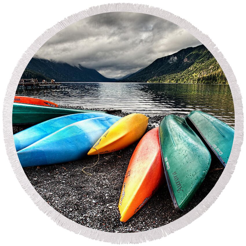 Canoes Round Beach Towel featuring the photograph Lake Crescent Kayaks by Ian Good
