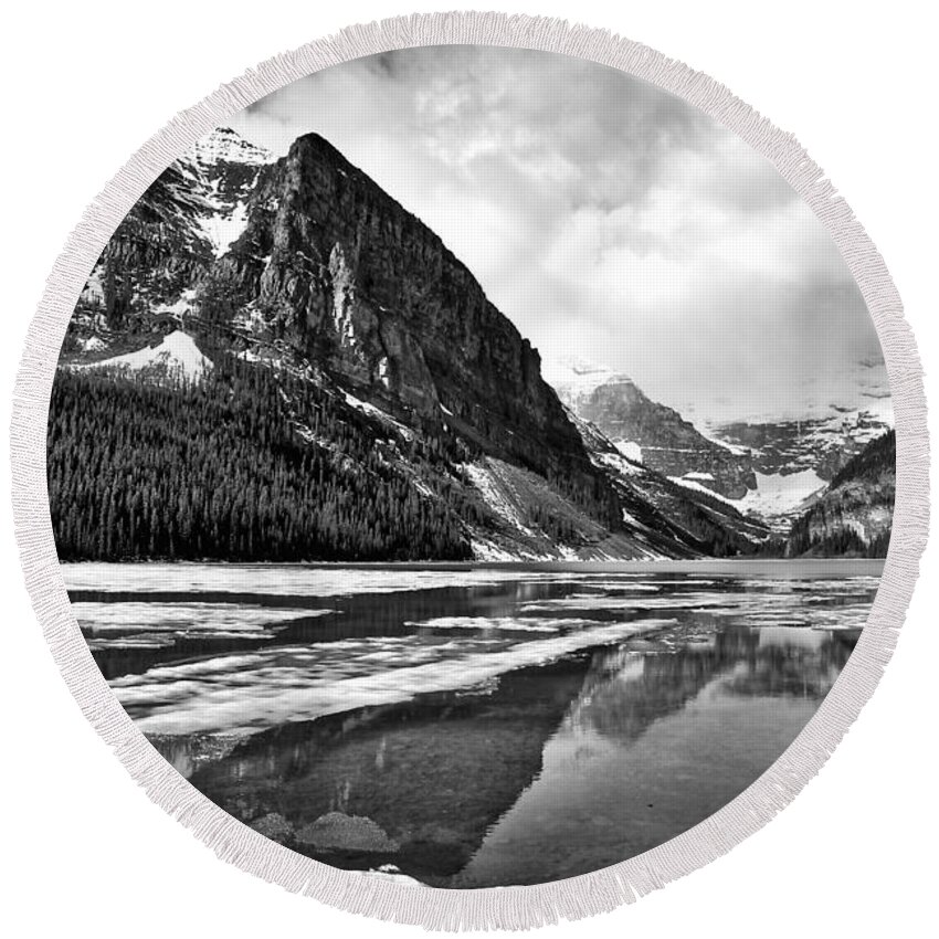 Lake Louise Round Beach Towel featuring the photograph Lake Louise - Black and White #3 by Stuart Litoff