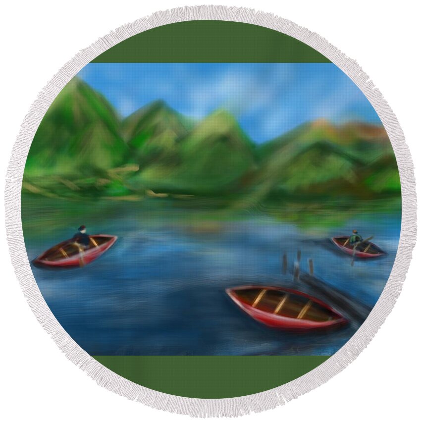 Canoes Round Beach Towel featuring the painting Lake Lovely by Christine Fournier