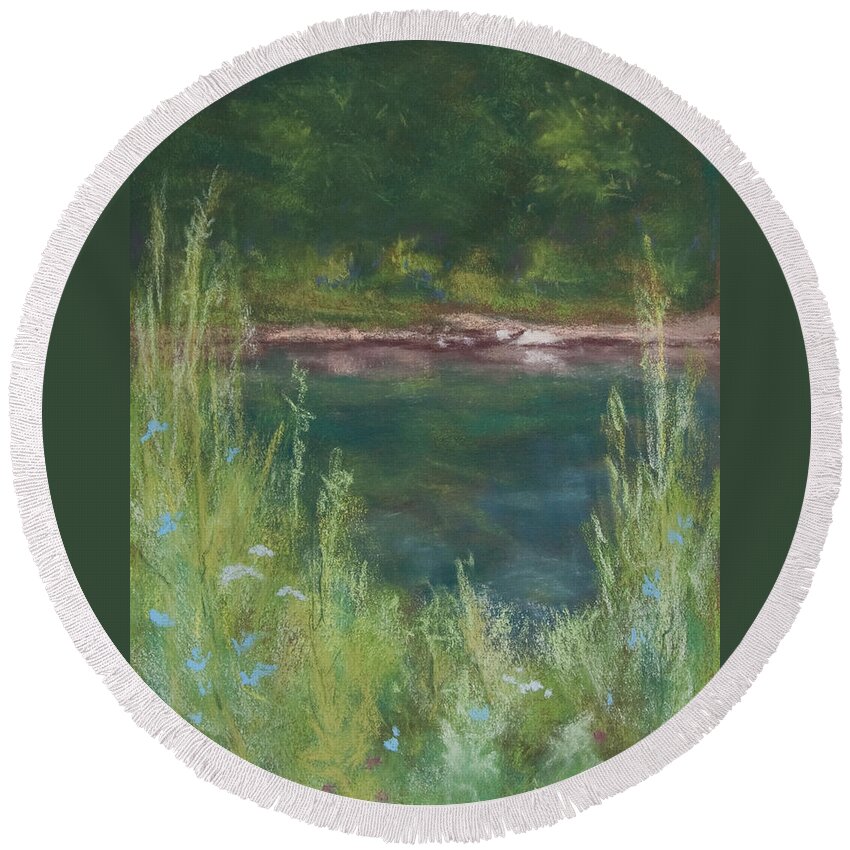 Landscapes Round Beach Towel featuring the painting Lake Medina by Lee Beuther