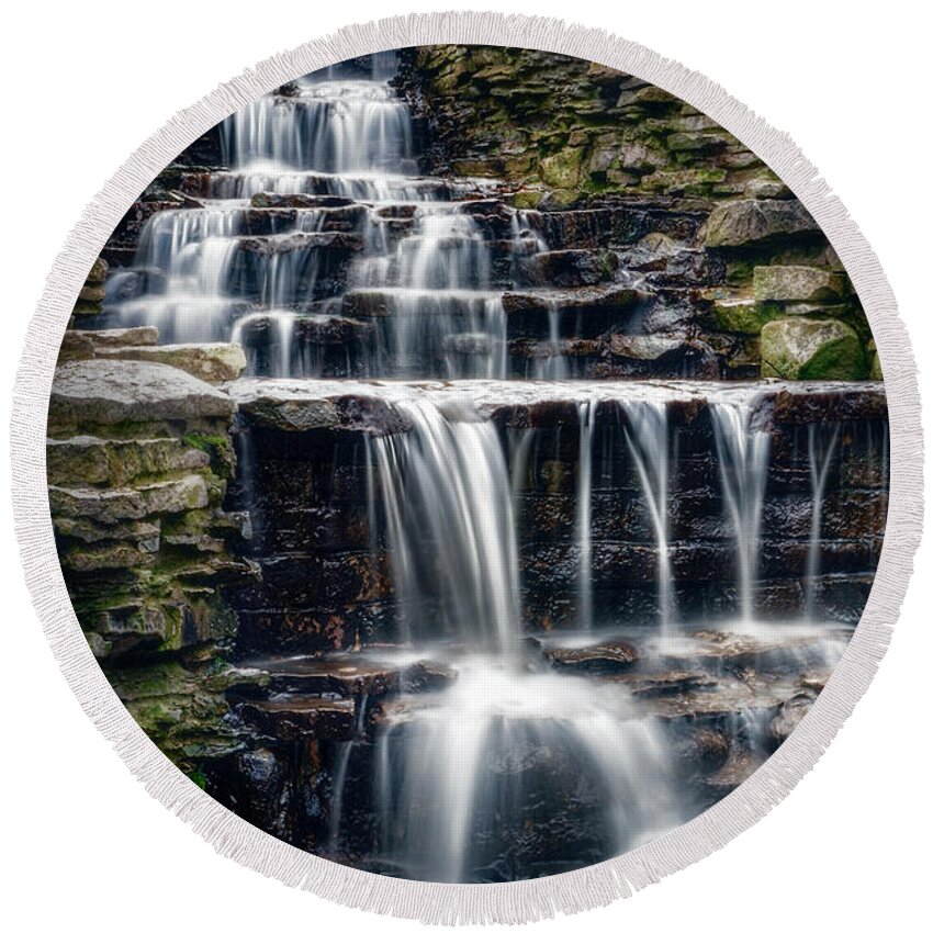 Waterfall Round Beach Towel featuring the photograph Lake Park Waterfall by Scott Norris