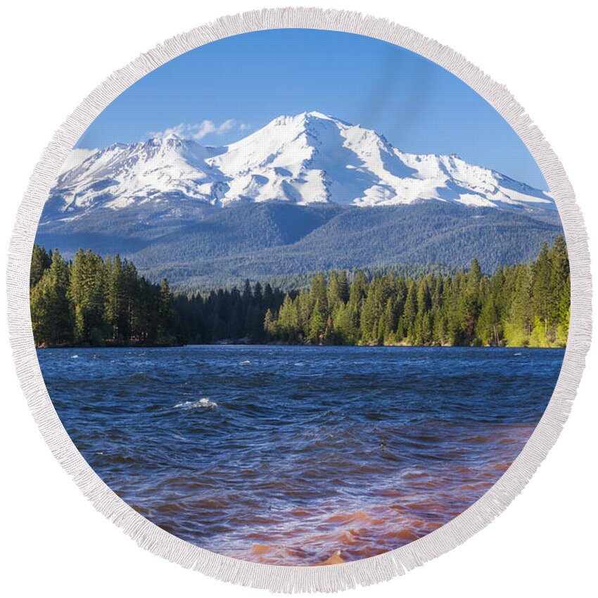 Mt Shasta Round Beach Towel featuring the photograph Lake Siskiyou and Mt Shasta by Ken Brown