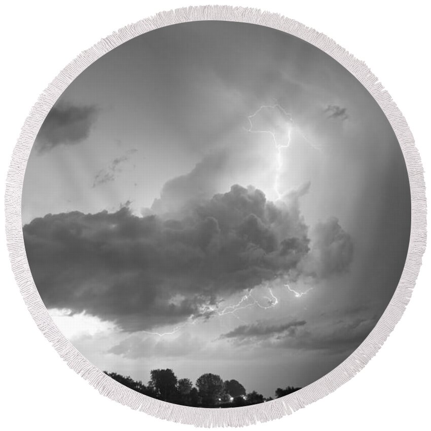 Lightning Round Beach Towel featuring the photograph Lake Thunder Cell Lightning Burst BW by James BO Insogna
