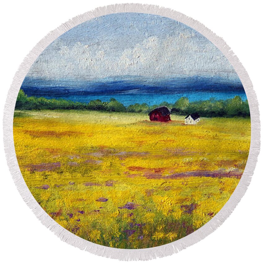 Landscape Round Beach Towel featuring the painting Lakeside Mustard Fields by Meaghan Troup