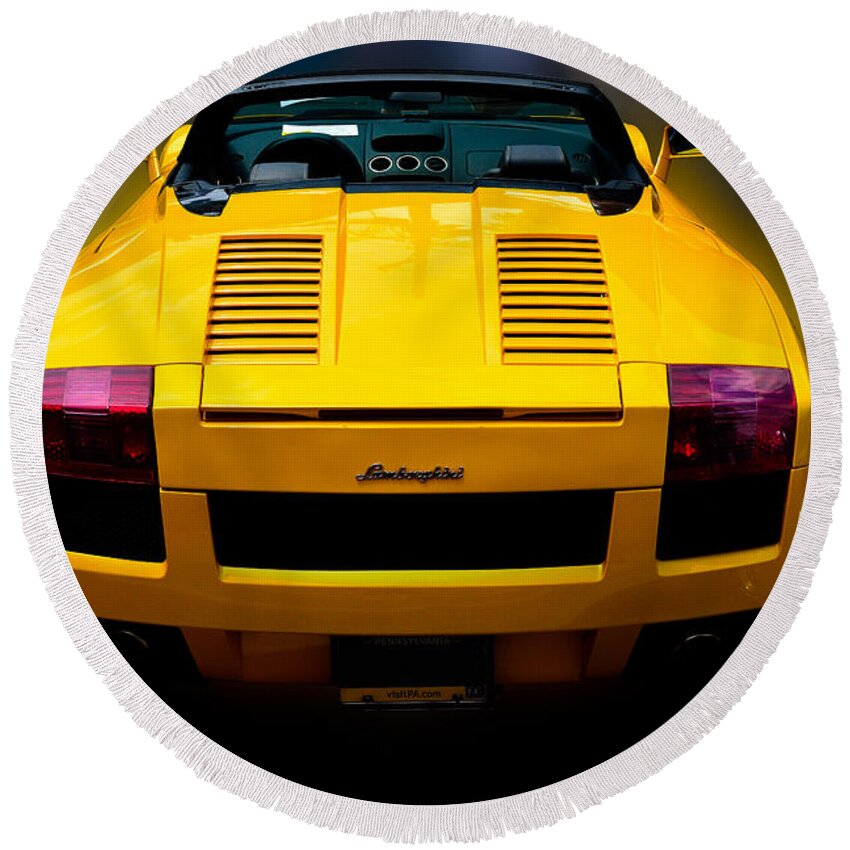 Lamborghini Round Beach Towel featuring the photograph Lamborghini in Yellow by William Jobes