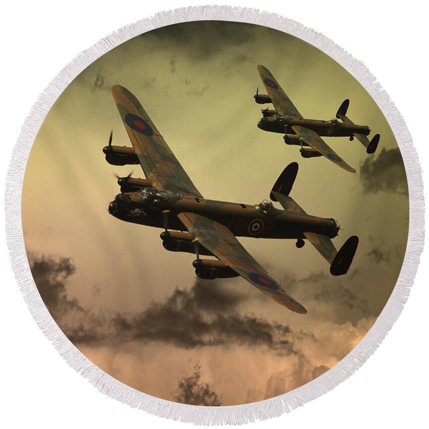Raf Lancaster Bomber Round Beach Towel featuring the digital art Lancaster Fire In The Sky by Airpower Art