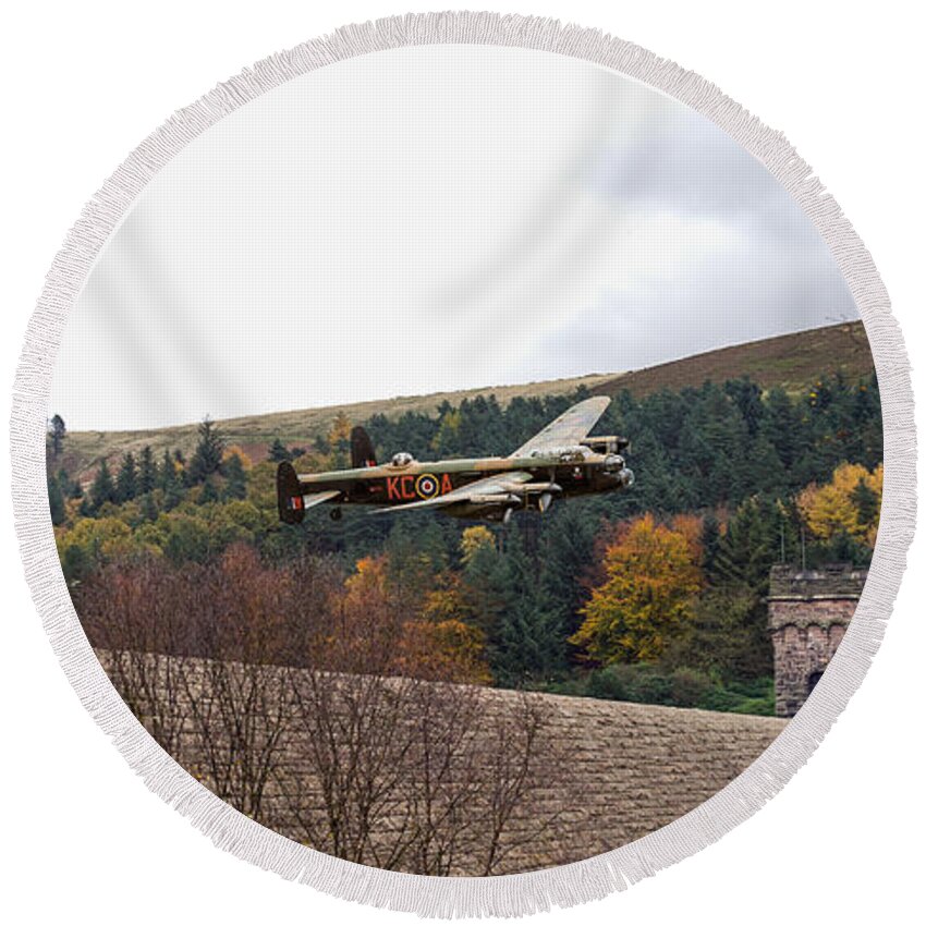 Two Lancasters Round Beach Towel featuring the digital art Lancaster KC-A at the Derwent Dam by Gary Eason