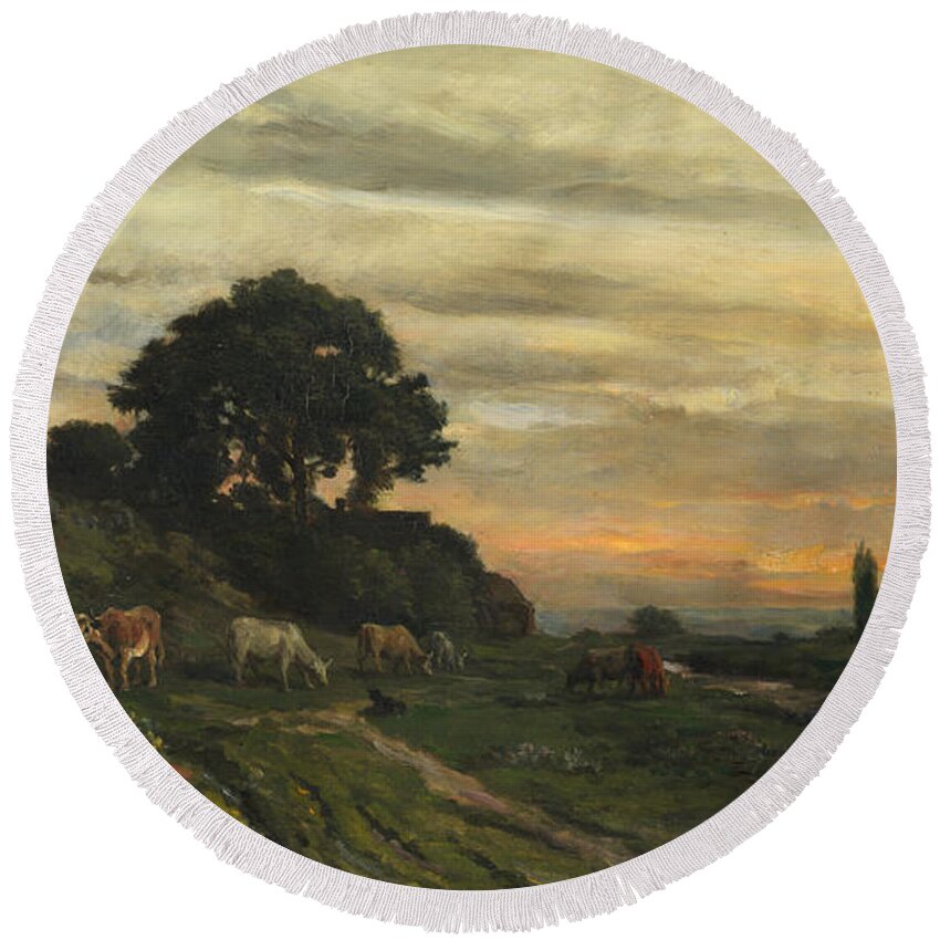 Charles-francois Daubigny Round Beach Towel featuring the painting Landscape with Cattle by a Stream by Charles-Francois Daubigny