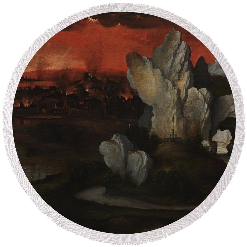 Joachim Patinir Round Beach Towel featuring the painting Landscape with the Destruction of Sodom and Gomorrah by Joachim Patinir