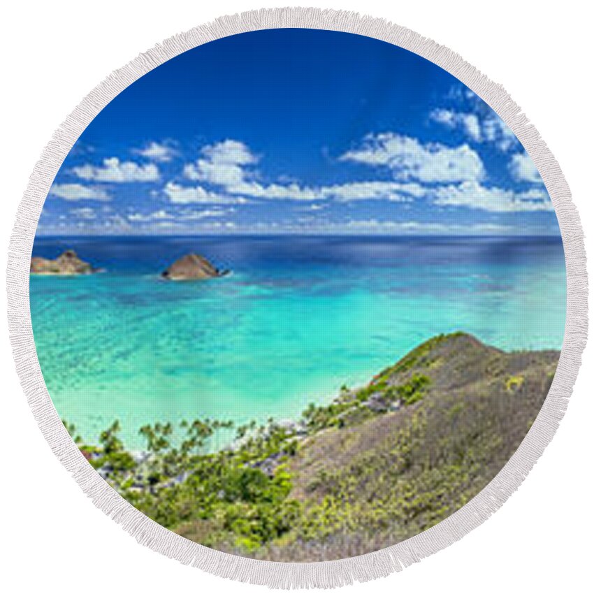 Lanikai Beach Round Beach Towel featuring the photograph Lanikai Bellows and Waimanalo Beaches Panorama by Aloha Art