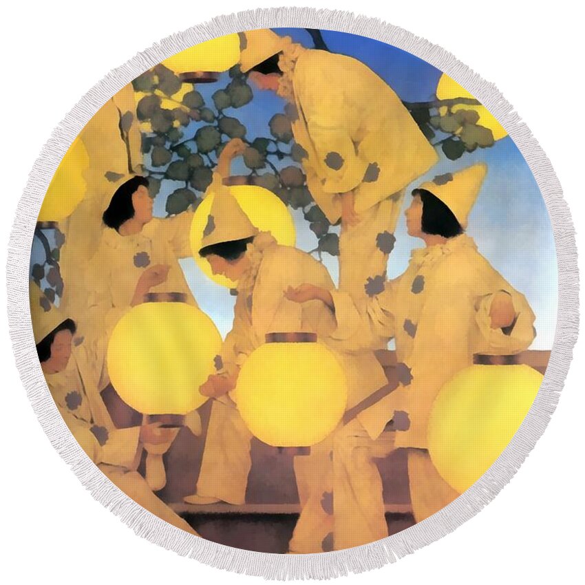 Maxfield Parrish Round Beach Towel featuring the photograph Lantern Bearers by Maxfield Parrish