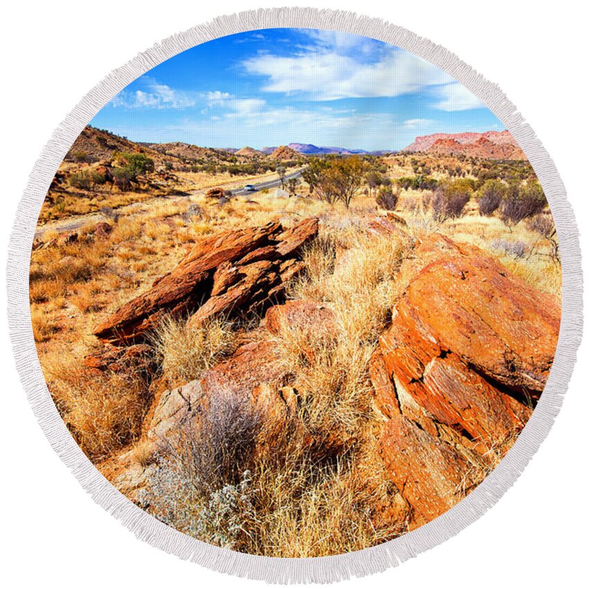 Central Australia Landscape Outback Water Hole West Mcdonnell Ranges Northern Territory Australian Landscapes Ghost Gum Trees Larapinta Drive Round Beach Towel featuring the photograph Larapinta Drive West McDonnell Ranges by Bill Robinson