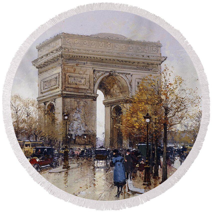 Parisian Round Beach Towel featuring the painting L'Arc de Triomphe Paris by Eugene Galien-Laloue