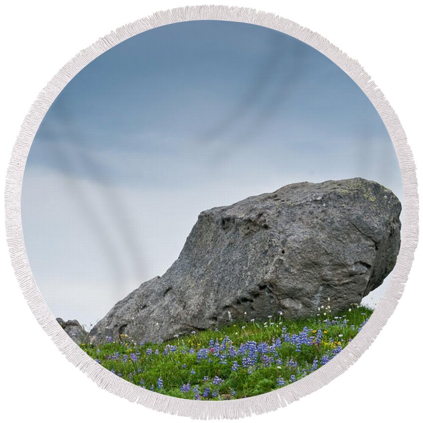 Alpine Round Beach Towel featuring the photograph Large Boulder Deposited by a Glacier in an Alpine Meadow by Jeff Goulden