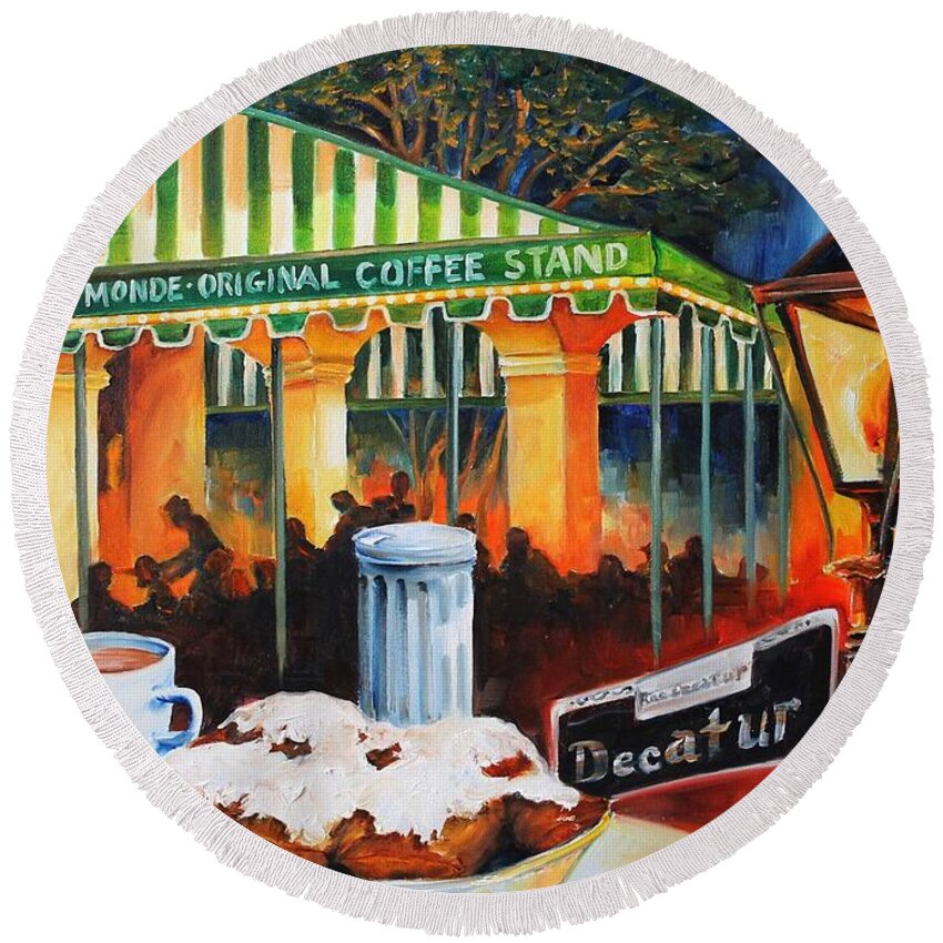 New Orleans Round Beach Towel featuring the painting Late at Cafe Du Monde by Diane Millsap