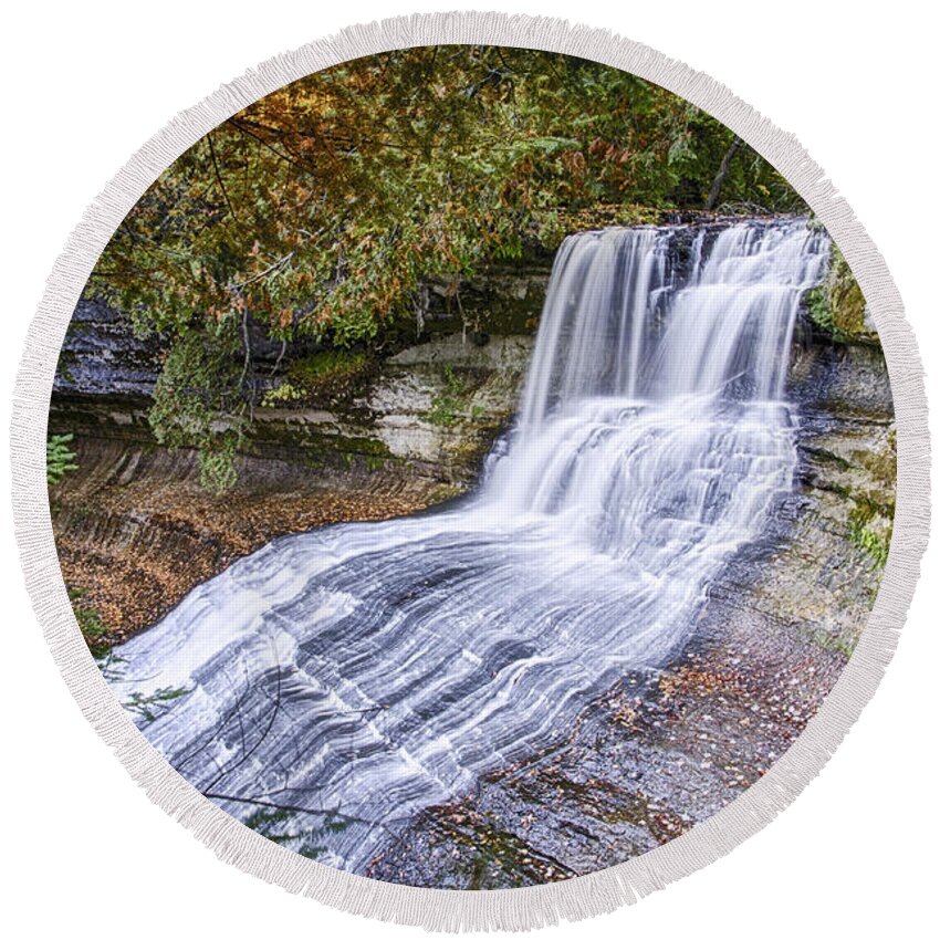 Waterfalls Round Beach Towel featuring the photograph Laughing Whitefish Falls by Peg Runyan