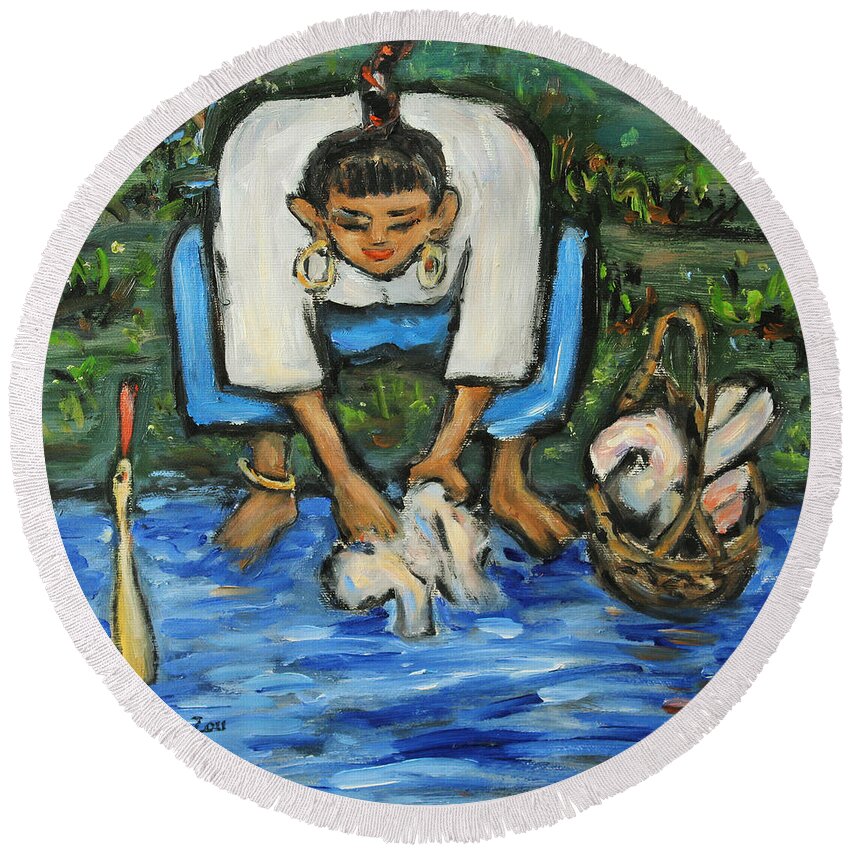 Figurative Round Beach Towel featuring the painting Laundry Girl by Xueling Zou