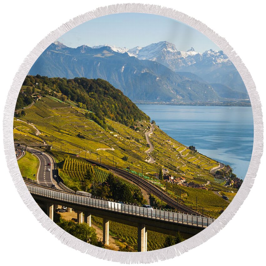 Montreux Switzerland Round Beach Towel featuring the photograph Lausanne to Montreux by Rob Hemphill