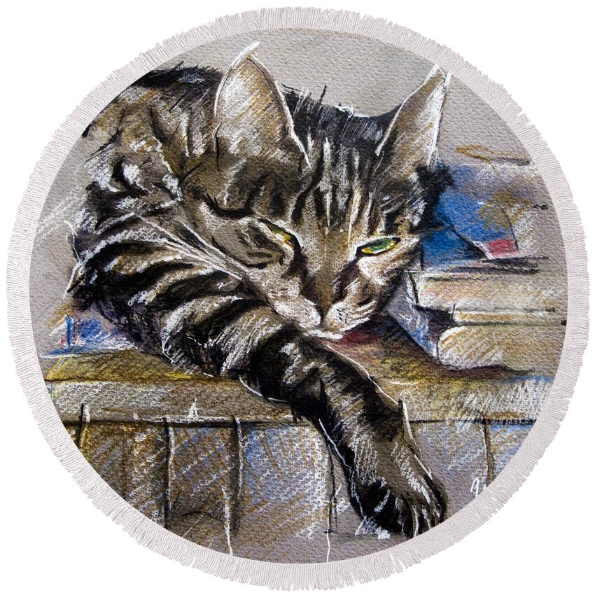 Cat Round Beach Towel featuring the drawing Lazy Cat Portrait - Drawing by Daliana Pacuraru