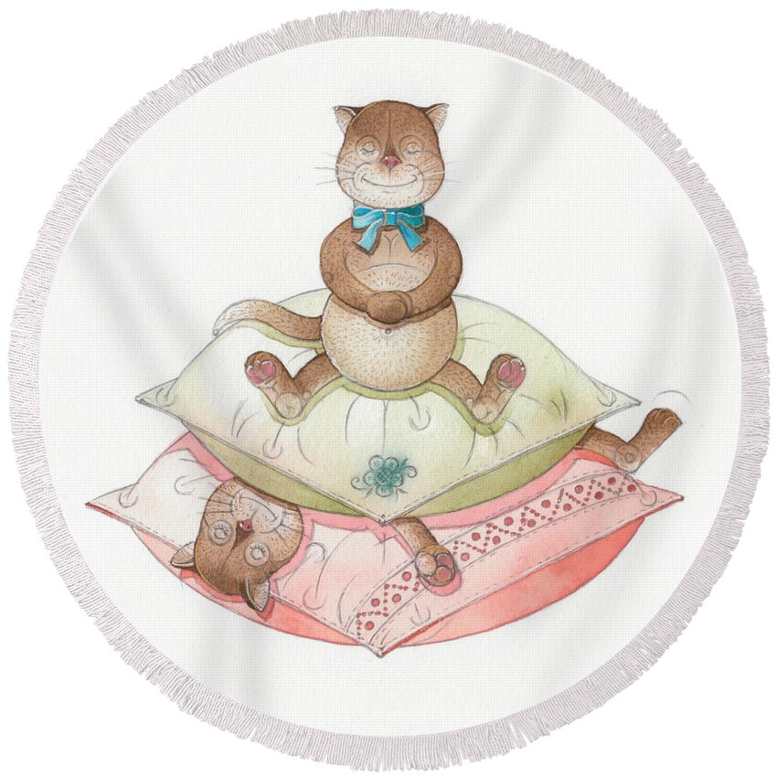 Cats Pillow Dream Rose Rest Relax Round Beach Towel featuring the painting Lazy Cats02 by Kestutis Kasparavicius
