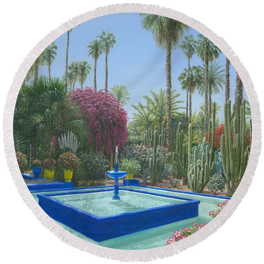 Marrakech Round Beach Towel featuring the painting Le Jardin Majorelle Marrakech Morocco by Richard Harpum