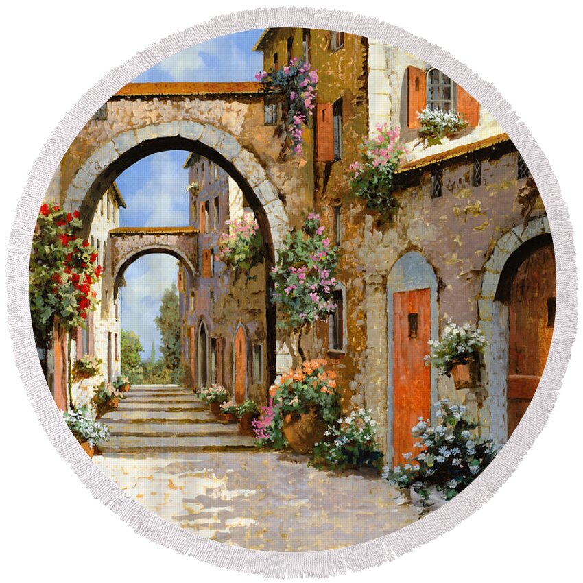 Landscape Round Beach Towel featuring the painting Le Porte Rosse Sulla Strada by Guido Borelli