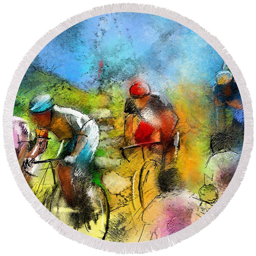 Sports Round Beach Towel featuring the painting Le Tour de France 01 by Miki De Goodaboom