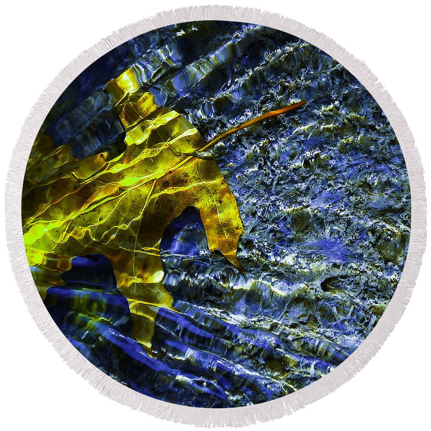 Leaf In Creek Round Beach Towel featuring the photograph Leaf In Creek - Blue Abstract by Darryl Dalton