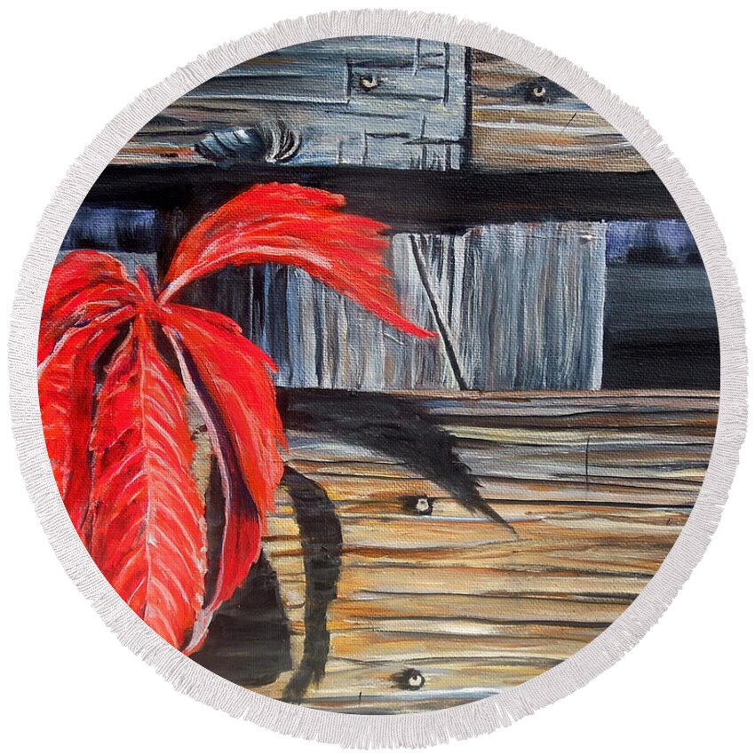 Planks Round Beach Towel featuring the painting Leaf shadow 2 by Marilyn McNish
