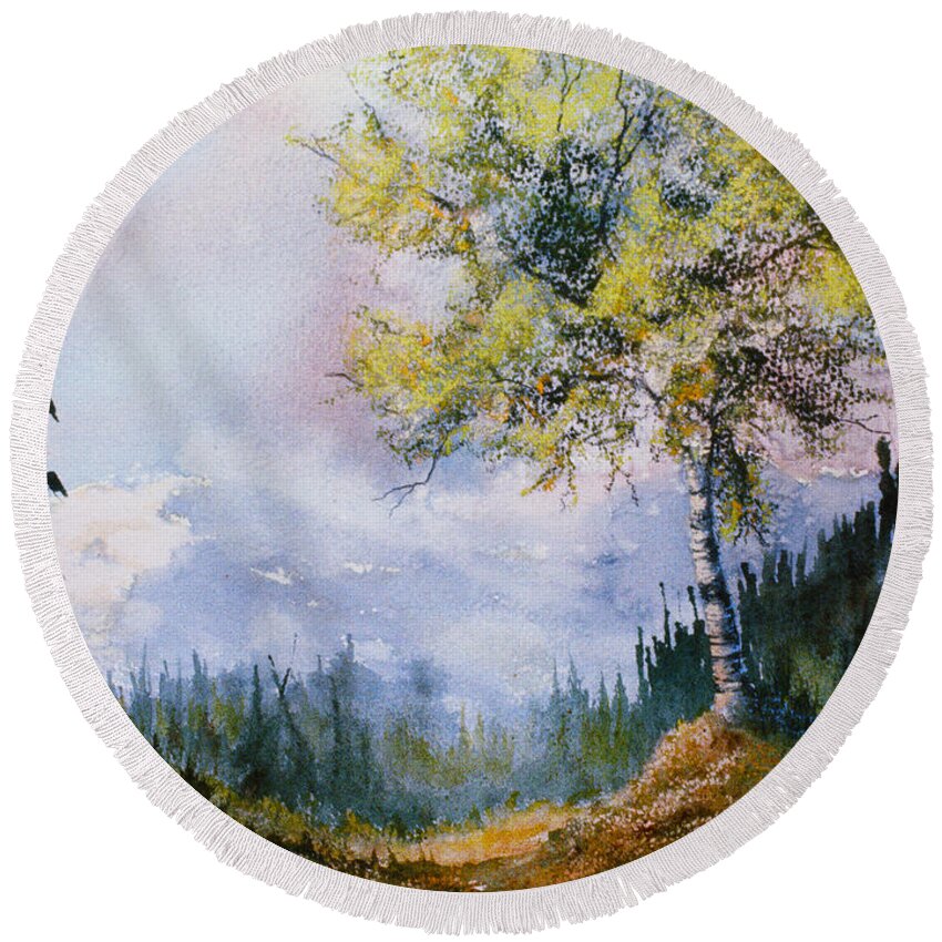 Leafy Tree Round Beach Towel featuring the painting Leafy Tree by Teresa Ascone